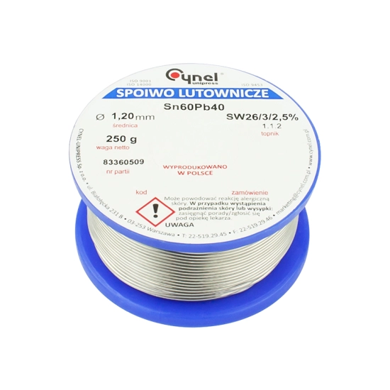 Cyna lutownicza LC60-SW26 1,20/250g CYNEL – spoiwo lutownicze z topnikiem, przeznaczone do precyzyjnego lutowania elektr