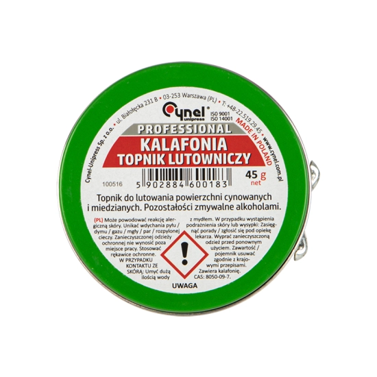 Kalafonia lutownicza 45g CYNEL – wysokiej jakości topnik do lutowania elektroniki i przewodów.